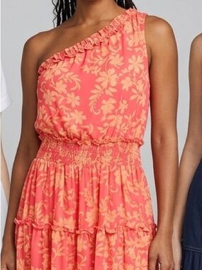 Taylor One-Shoulder Coral and Peach Floral Dress